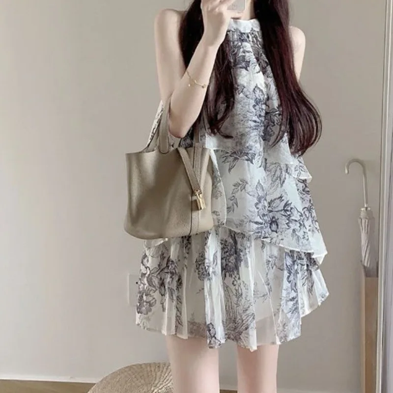 2026 Summer New Ink Printing Halter Sleeveless Top + Skirt Two-piece Set Elegant Style Set Fashionable Short Skirt Set