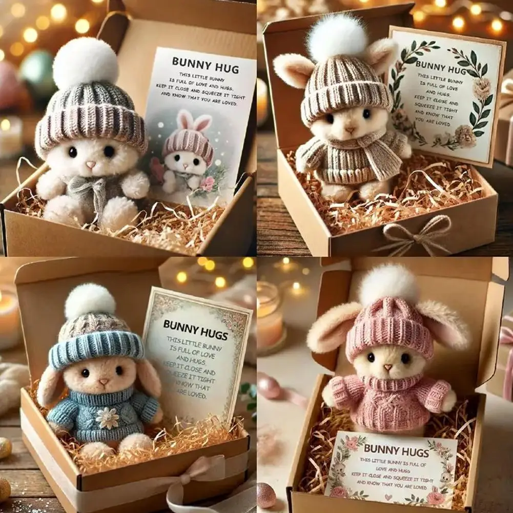 Милый пасхальный подарок, мини-кролик, плюшевый кролик с вязаной шапкой и мягким карманом, эмоциональная поддержка кролика с подарочной коробкой, карточкой