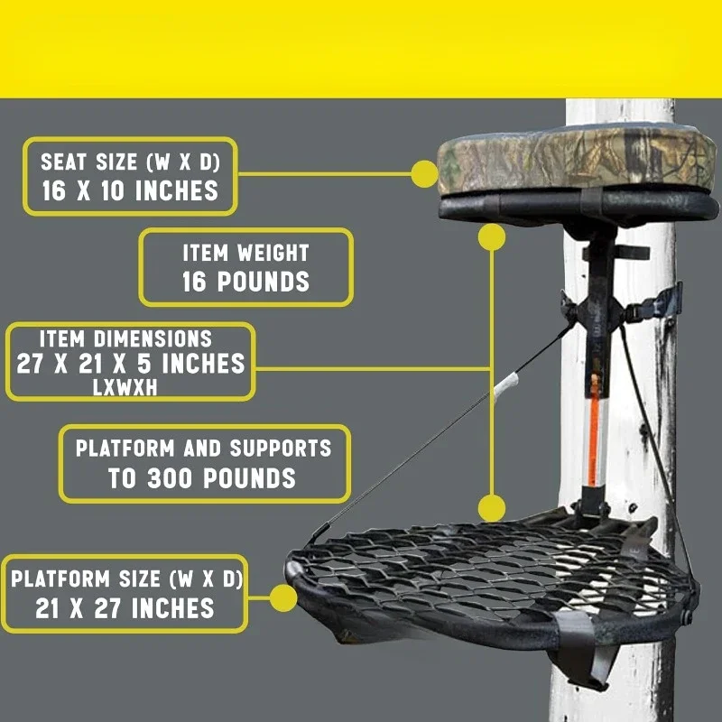 حامل شجرة فولاذي مدمج متين مع منصة 21 × 27 بوصة ومقعد قابل للتعديل وحزام أمان كامل للجسم للصيد في الهواء الطلق