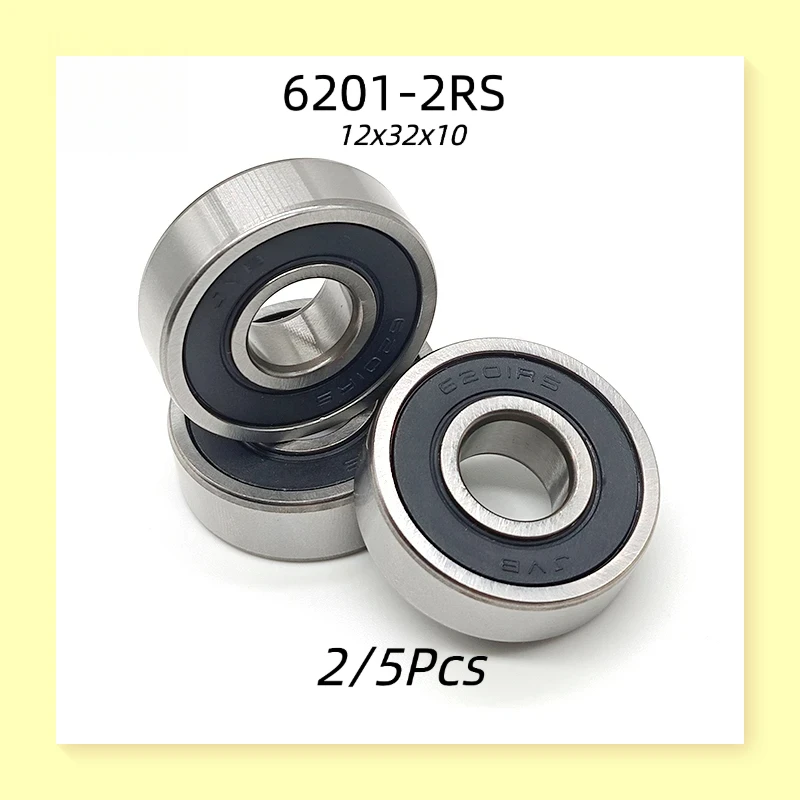 2/5Pcs 6201-2RS Deep Groove Ball Bearings 12×32×10mm Double Rubber Sealed Chrome Steel Rolling Bearings