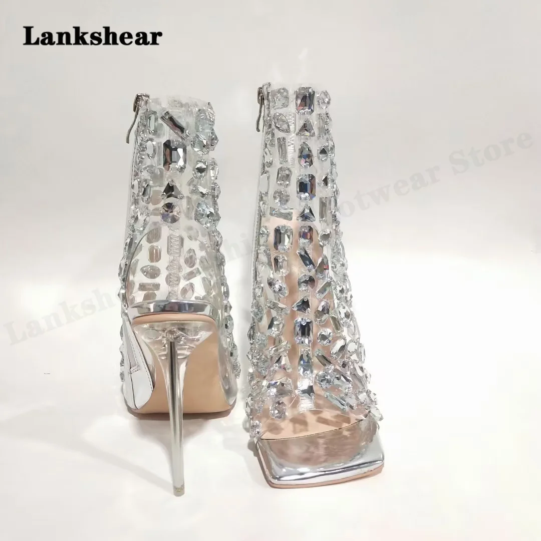 

Transparent Crystal Heel High-Top Sandals Rhinestone Gem Stiletto Roman Shoes Catwalk High-Heeled Women's Shoes Large Size