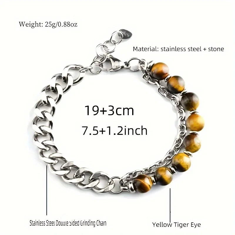 Pulsera de piedra de ojo de tigre de acero inoxidable, cadena de molienda de doble cara, joyería dominante de moda europea y americana para hombres