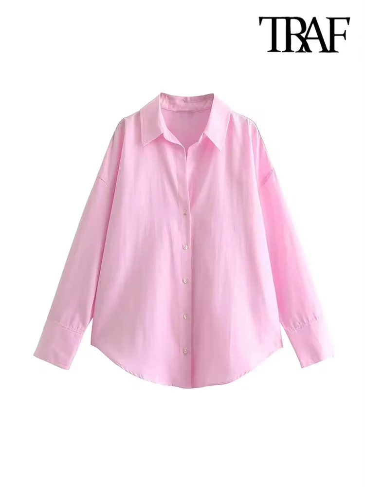 TRAF-Loose Asymmetric Shirts for Women, Long Sleeve, Front Button, Female Blouses, Chic Tops, Fashion