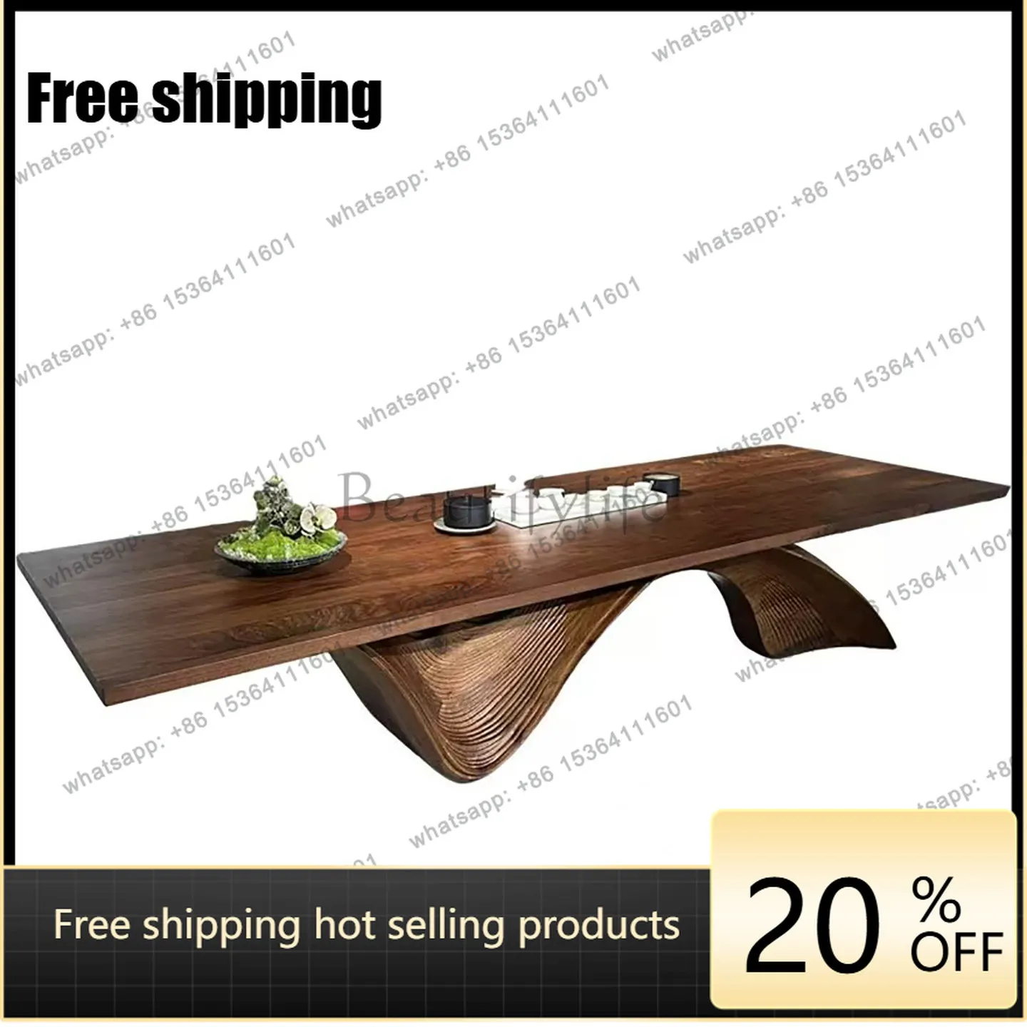 YJ New Chinese North American Black Walnut Tea Table Art Wave Base Desk Solid Wood Minimalist