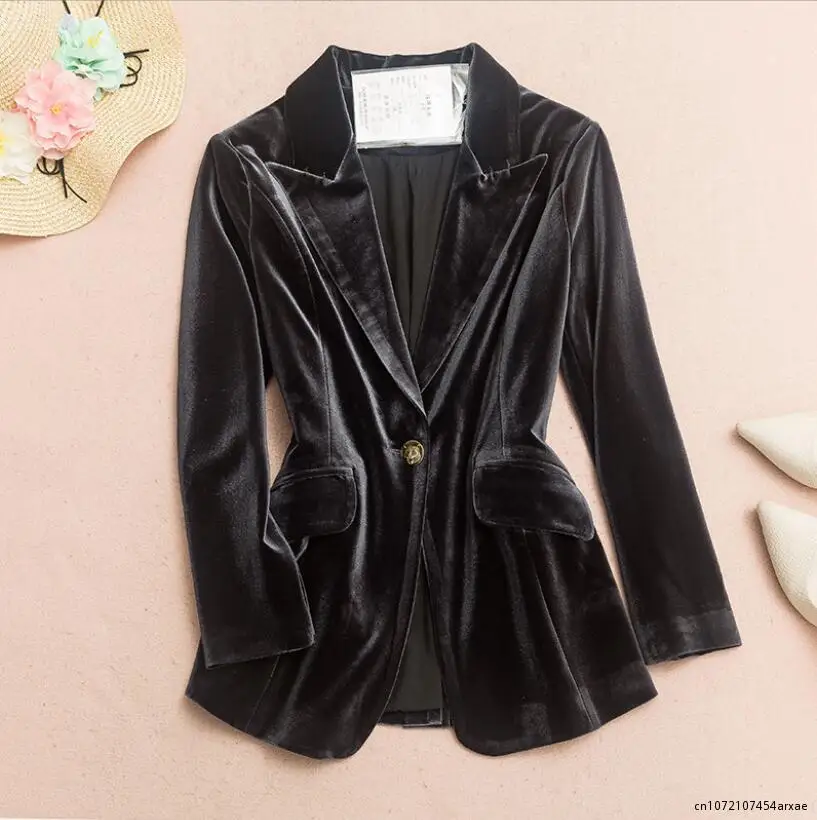 Women's Autumn Winter Long Blazer Office Ladies Slim Suit Jacket Velvet Female V Neck Single Button Solid Casual Outwear