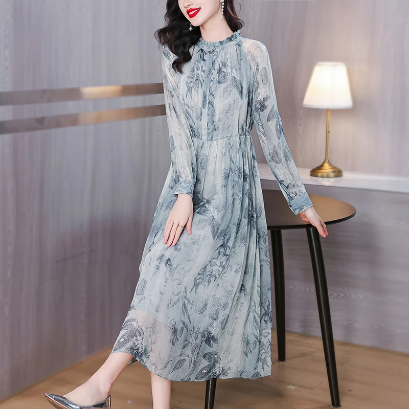 Silk Dress Spring 2024 New Noble and Luxury Mulberry Silk Ink Printed Skirt O-Neck Celebrity Elegant Knee Length Skirt