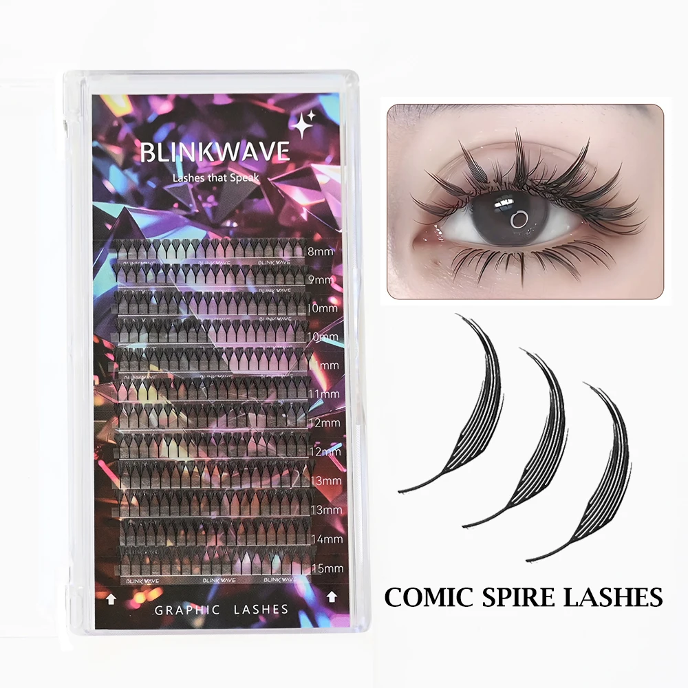 Blinkwave Comic Spire Wimpern Mix 8–15 mm vorgefertigte Fächerwimpern Wimpernverlängerung weiche Anime falsche Wimpern Manga Wimpern