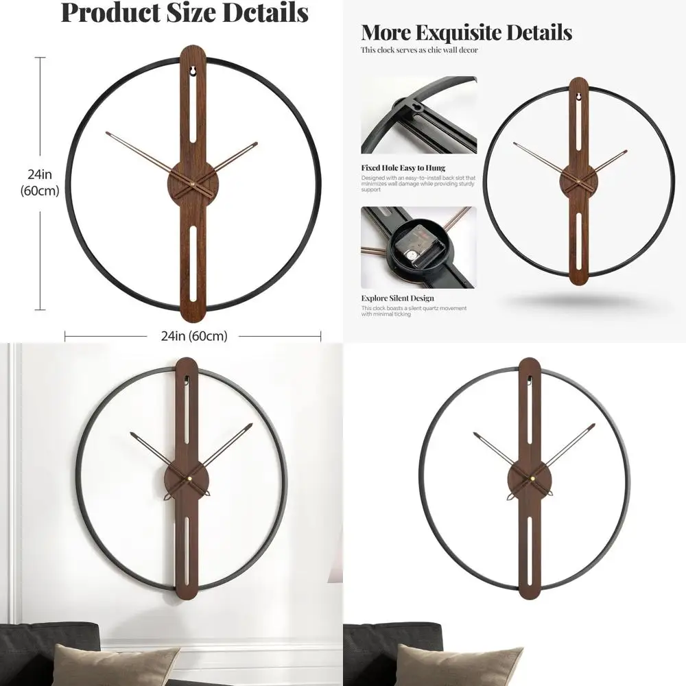 

24 Inch Modern Silent Battery-Powered Wall Clock, Rustic Minimalist Design for Living Room, Office, Bedroom, Kitchen