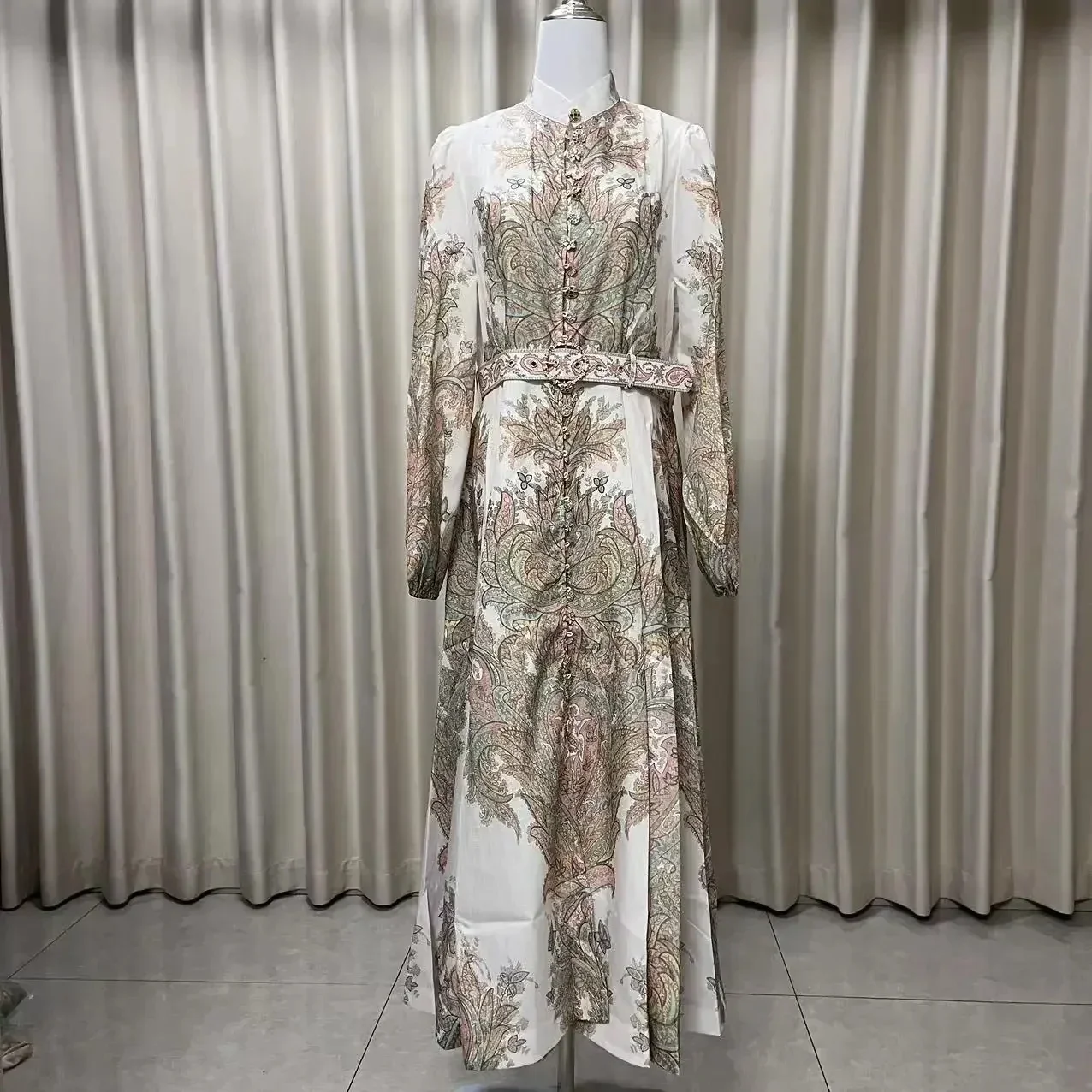 

European American Style Designed Single Row Button Lantern Long Sleeve Retro Printed Flared Long Skirt Elegant Dress For Women