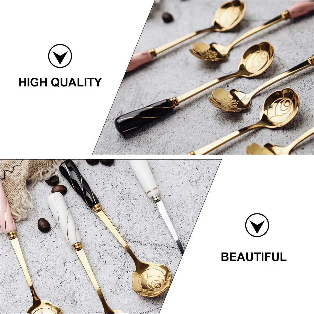 

4 Pcs Flower-shaped Spoon Face Ceramic Handle Fancy Spoons Cream Coffee Dessert Stainless Steel