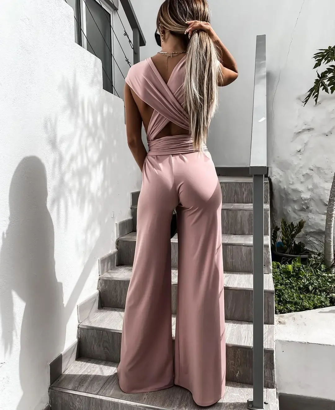 Backless Fashion Casual Streetwear Wide Leg Overall Hollow Out Sleeveless Solid Bandage Rompers Sexy Jumpsuits Women Summer New