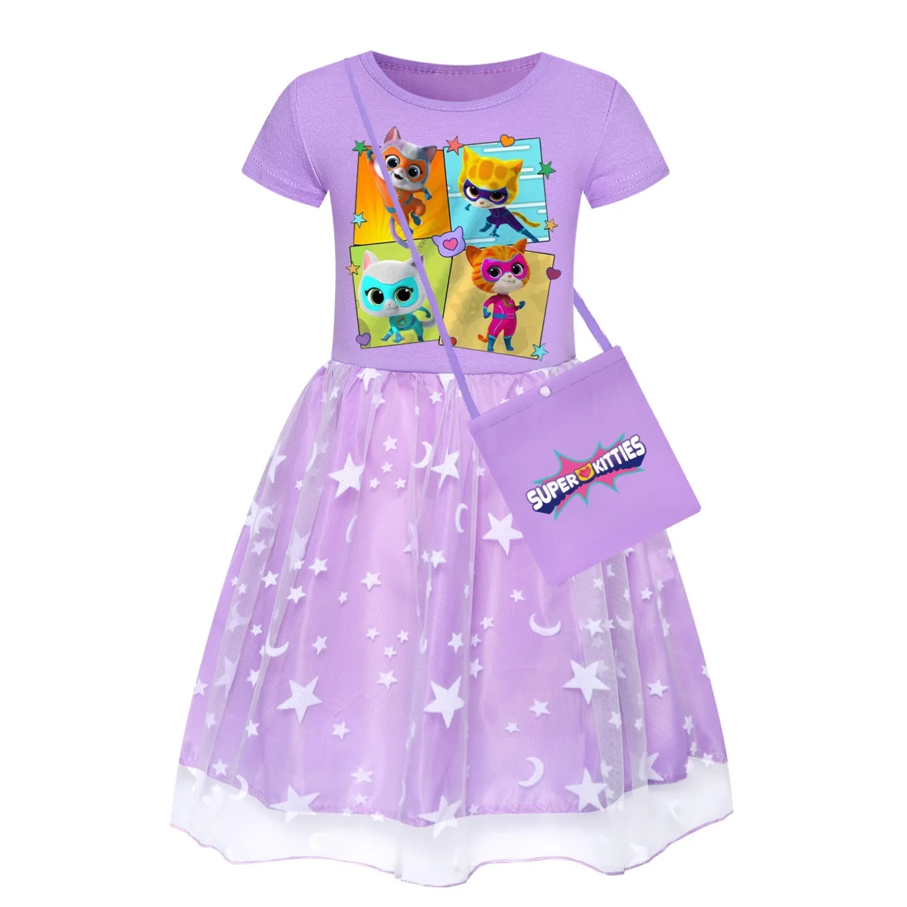 Cute Super Kitties Clothes Kids Short Sleeves A-Line Dress for Girls Casual Dresses+Bag Super Kitties Party Vestidos