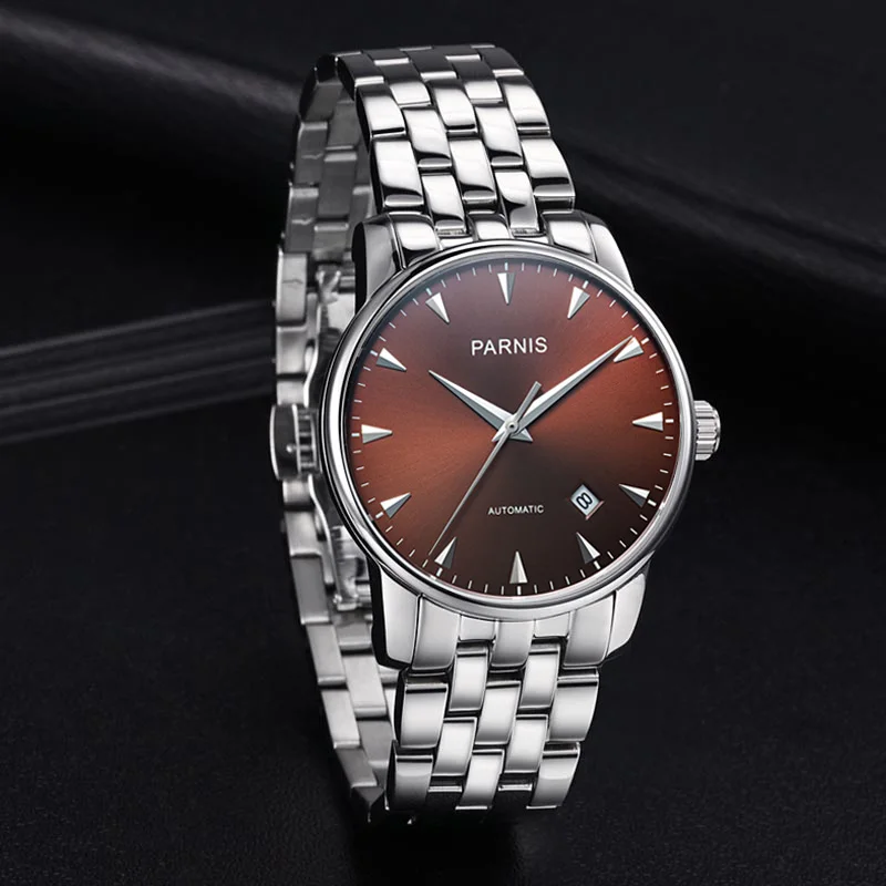 New Arrival Parnis 38mm Brown Dial Automatic Mechanical Men Watches Sapphire Crystal Calendar Watch With Box Gift Man Clock 2023