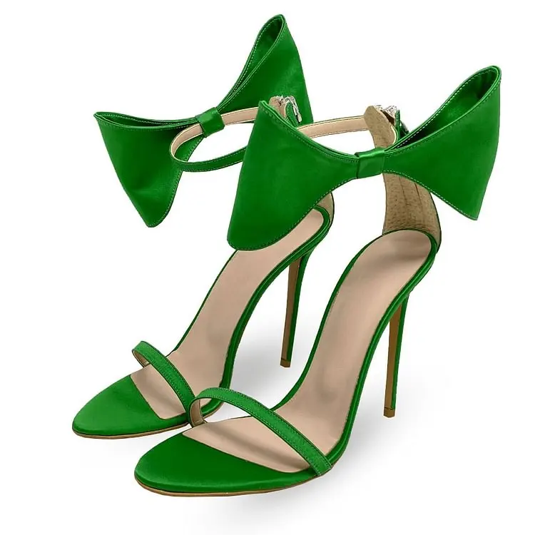 

Green Satin Open Toe Exaggerated Bow Ankle Strap High Heels Sandals