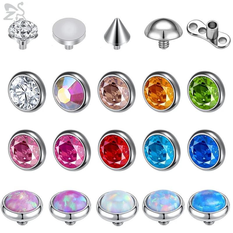 ZS 1PC 16G Stainless Steel Micro Dermal Piercing for Women CZ Opal Dermal Anchor Surface Piercings Skin Diver Body Piercing