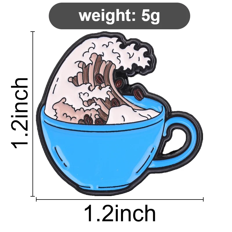 Kanagawa Coffee Cup Enamel Pins Ukiyo-e Ocean Wave Brooches Lapel Badge Fun Japanese Art Jewelry Accessory Gifts For Friends