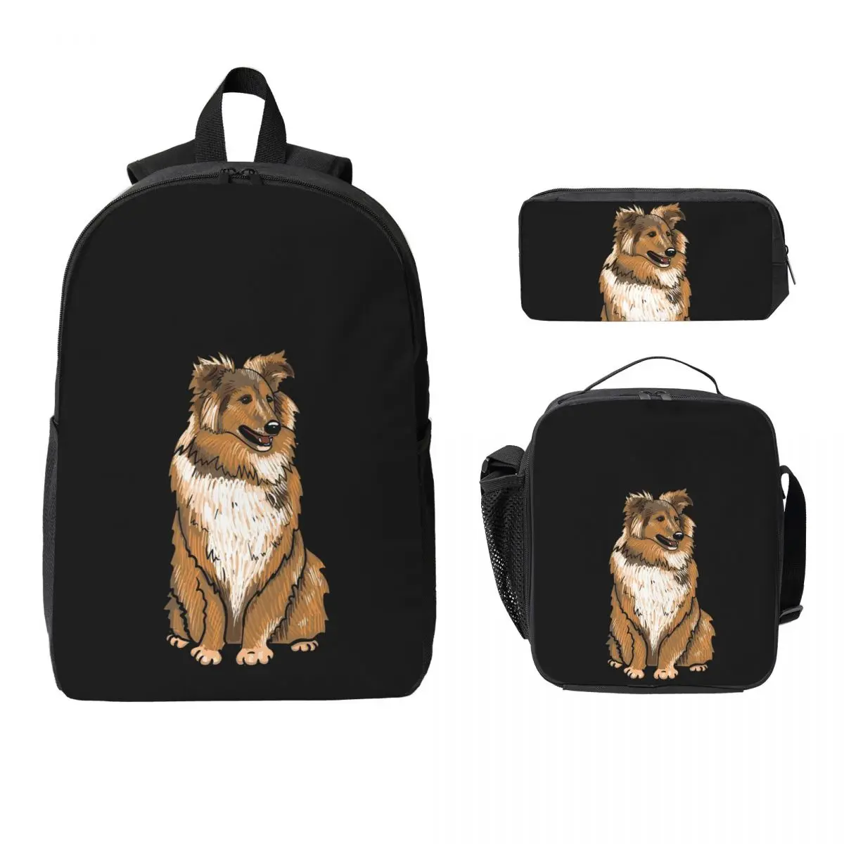 

Рюкзак для собак Sheltie, студенческая сумка для книг для мальчиков и девочек, школьная сумка, компьютерные сумки на плечо, 3 шт., изолированная сумка для обеда, пенал