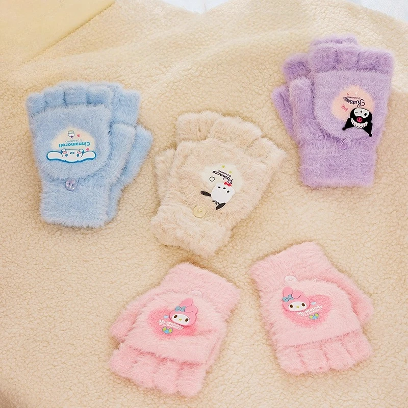

Sanrio Ladies Fleece-Lined Flip Cover Winter Gloves, Cute Animal Design Adjustable Wrist Warm for Cold Weather