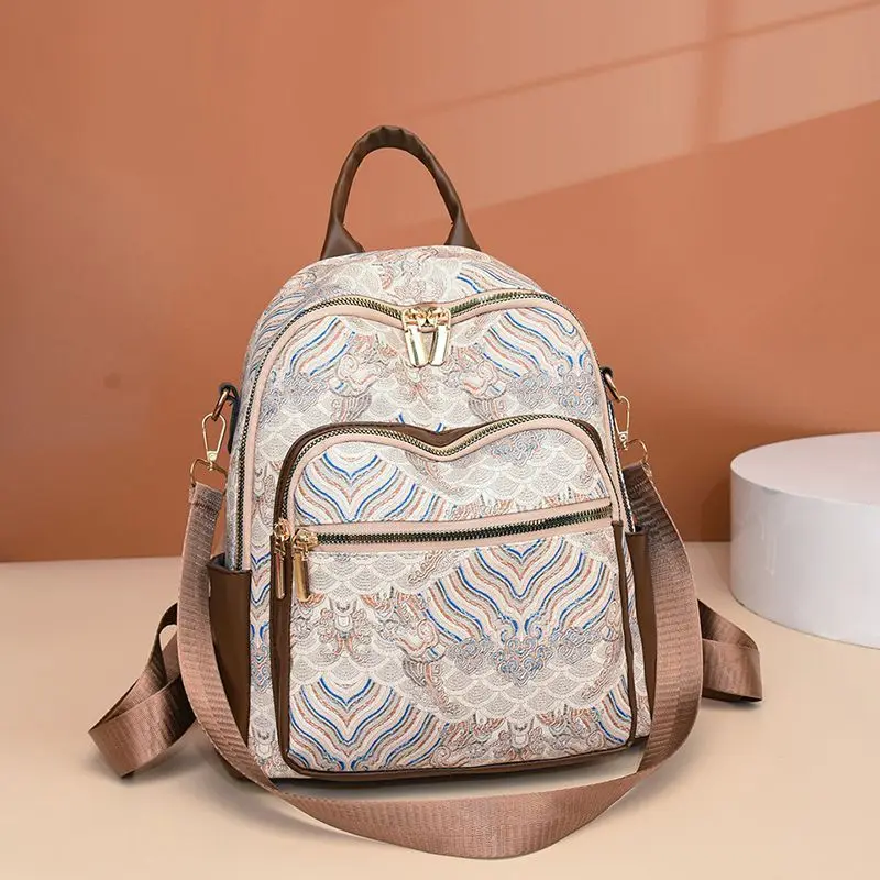 

Retro Chinese Pattern Backpack Women Multi Pocket Large Capacity Handheld Shoulder Bag Ladies Travel Fashion Lightweight Daypack