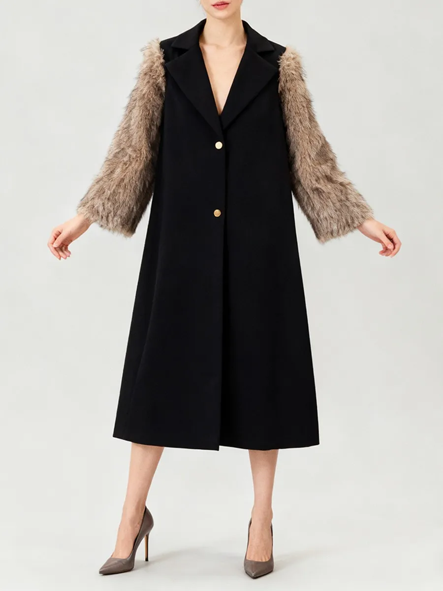 TWOTWINSTYLE Hit Color Spliced Fur Temperament Coats for Women Lapel Long Sleeves Patchwork Single Breasted Coat Female Clothing