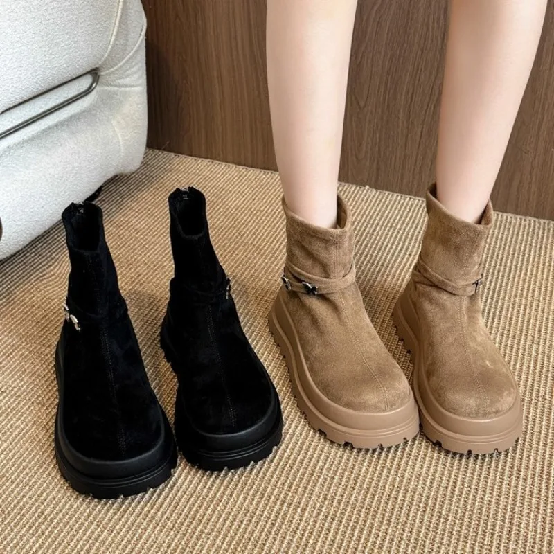 

New Chunky Women Knee High Boots Fashion Slip On Knight Long Booties Platform Flats Autumn Winter Shoes Fashion Plus Size 41 42