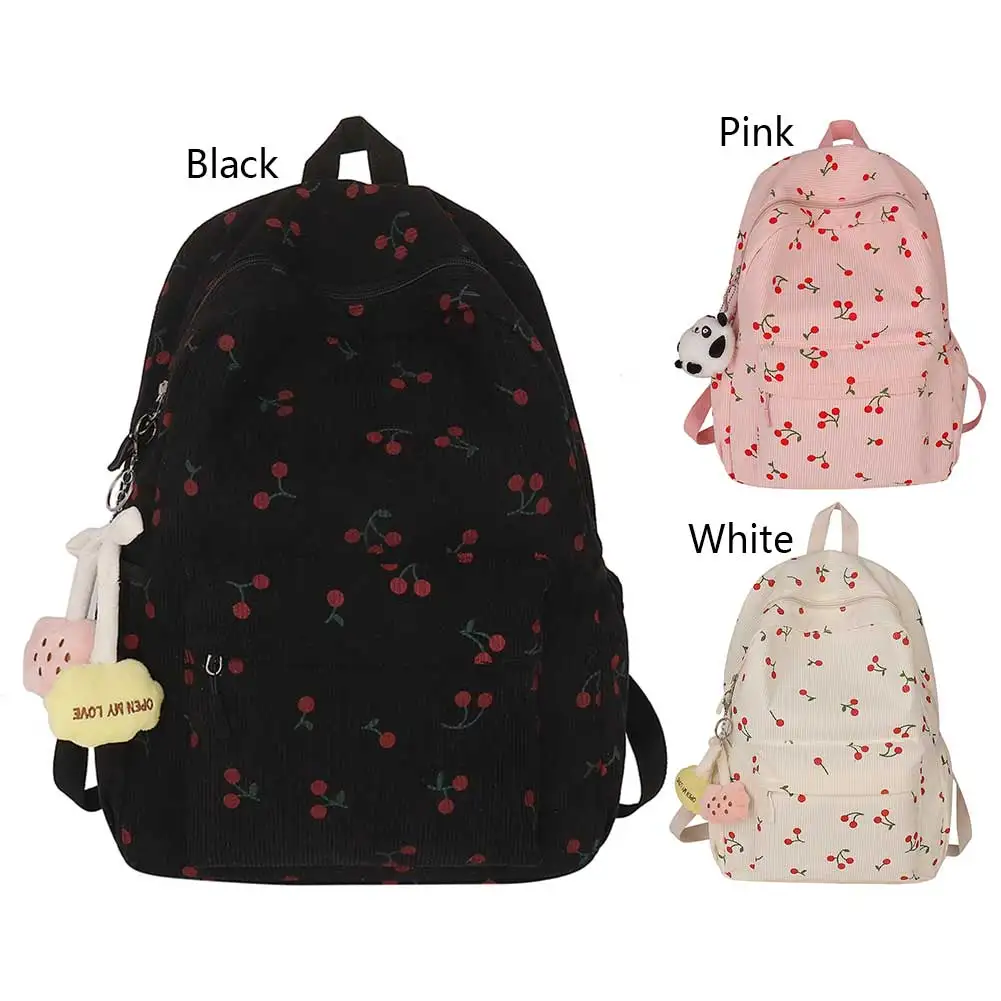 Zaino in velluto a coste da donna modello ciliegia zaino da viaggio con tracolla regolabile zaino con cerniera per lavoro shopping scuola