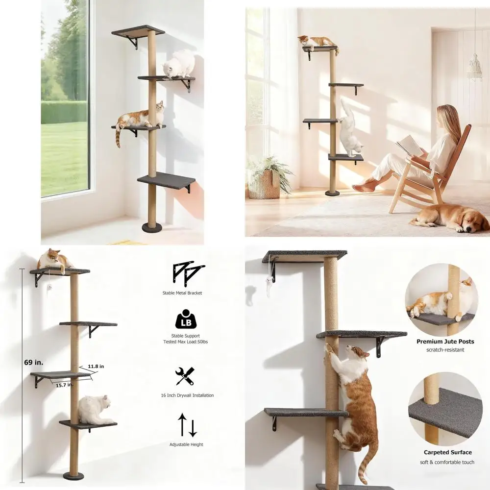 

4-Tier Corner Cat Tree with Wall-Mounted Tower, Carpeted Climbing Wall for Indoor Play and Perching (Grey)