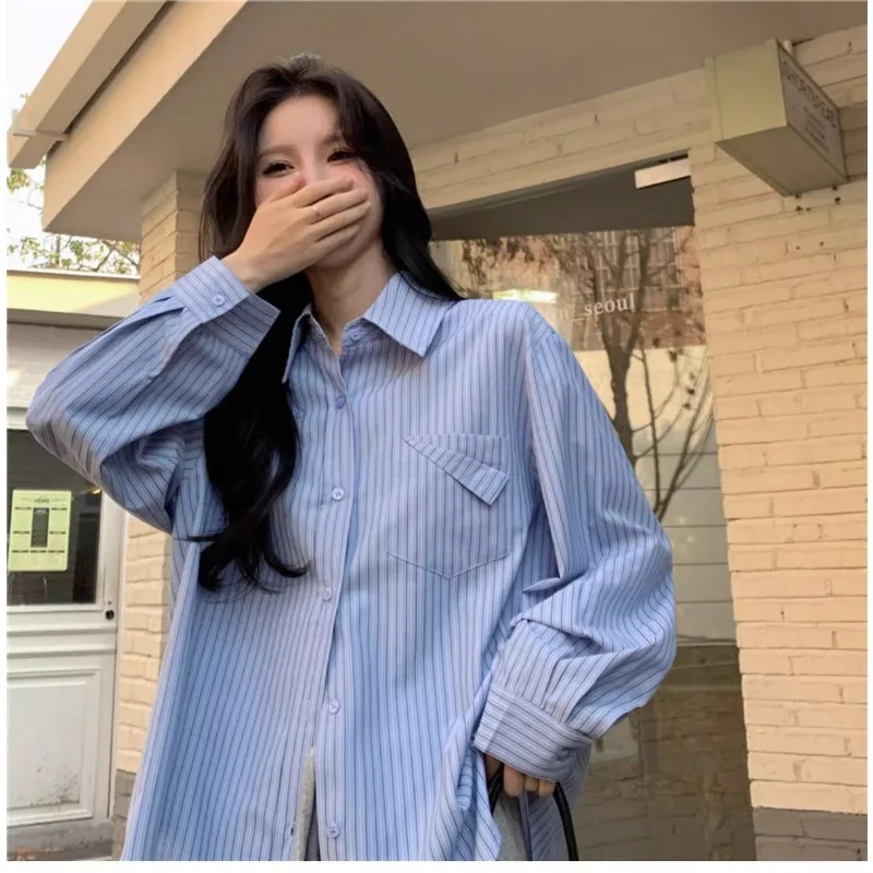 

Solid Color Striped Shirt Women's Autumn New Korean Style Loose Lapel Long Sleeve Versatile Button Splicing Top