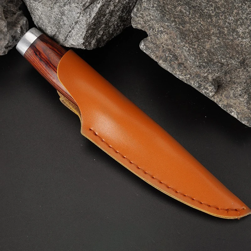 Wooden Handle Forged Damascus Pattern Pocket Knife Outdoor Barbecue Meat Cleaver Knife Portable Camping Tool Straight Knife