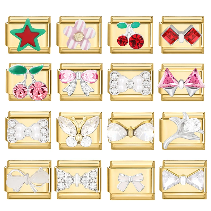 Zircon Gold Color Butterfly Rose Flower Heart Cherry Italian Charm Links Fit 9mm Stainless Steel Bracelet Women DIY Making Gifts