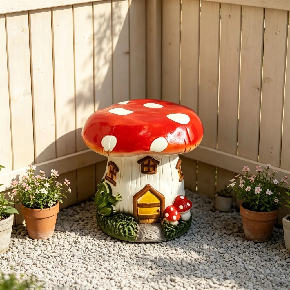 l13.4" Mushroom House Garden Stool, Oversized Resin Sculpture & Fairy Forest Base, Decorative Stool for Home, Courtyard, Lawn, Indoor & Outdoor Spring & Summer Decoration view 6