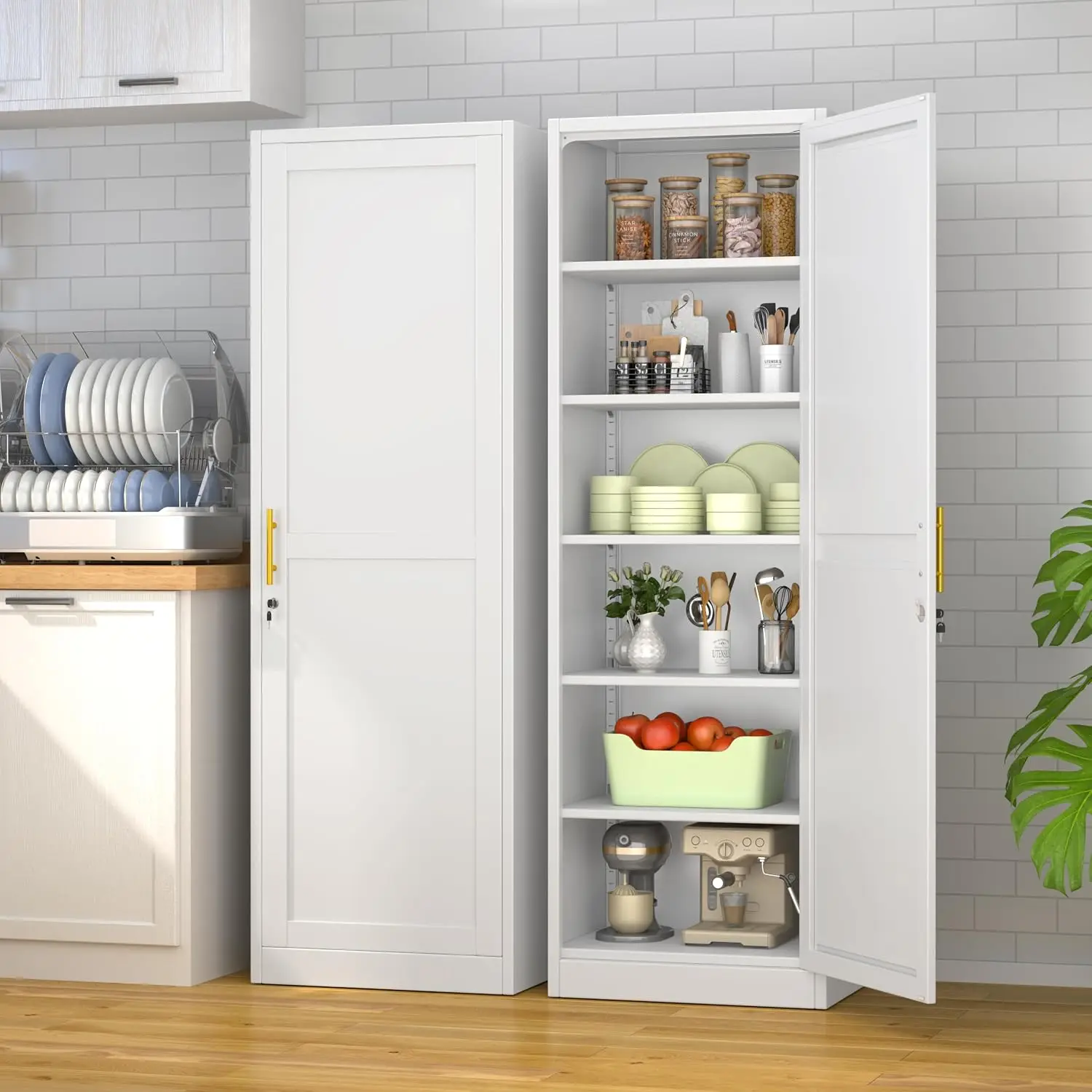 Lockable Tall Pantry Cabinet Adjustable Shelves Narrow Storage Kitchen Bathroom Organizer, Customized
