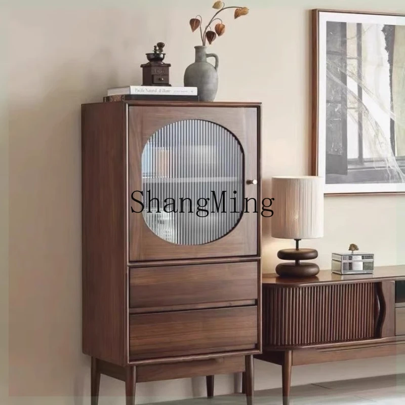 

FG simple solid wood wine cabinet living room storage locker TV sofa corner cabinet black walnut color