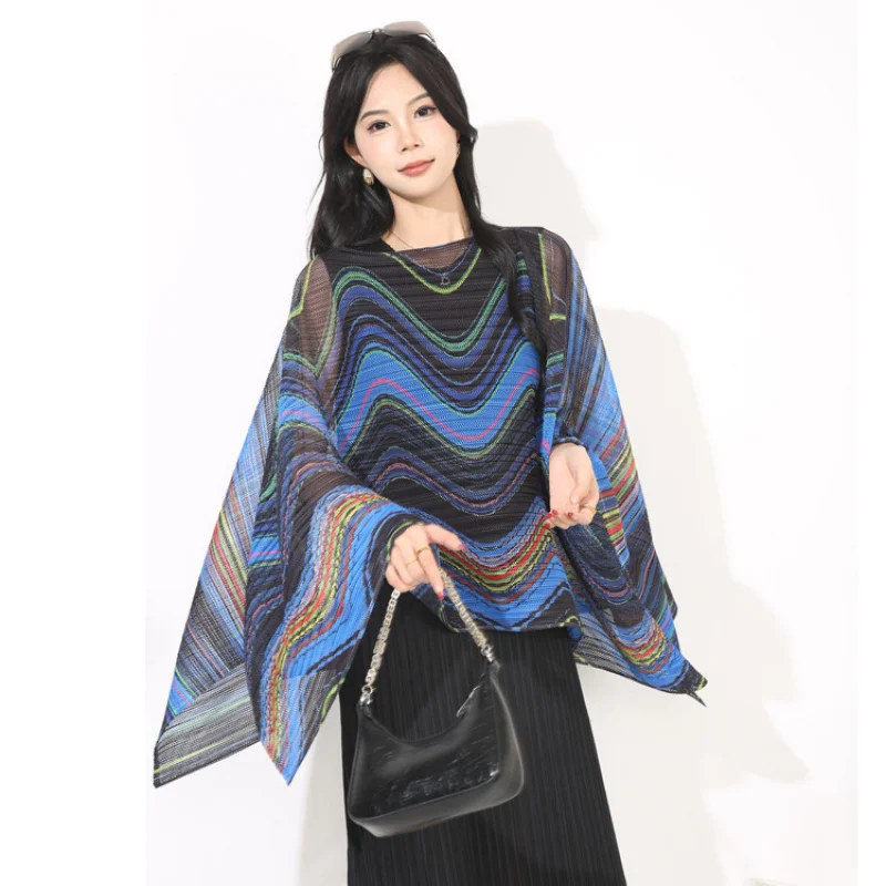

Miyake PLEATS PLEASE Cape Top 2025: Striped Sun Protection Cover-Up | Bat Sleeve Kimono | Lightweight Loose Shawl [20252153]