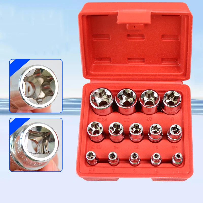 T50 14PCS Female E Star Torx Socket Set E4-E24 E-Torx External Hex Socket Insert Nut Hex Socket Set Hand Tools Part