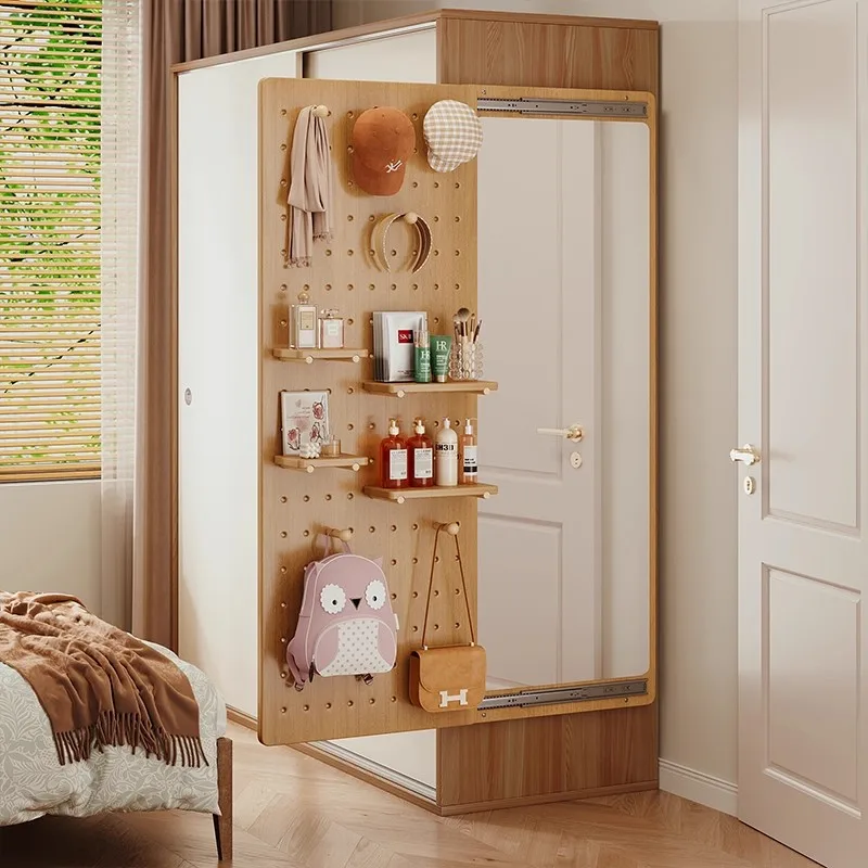 Hole plate full-length mirror integrated solid wood hanger door rear shelf push-pull wall