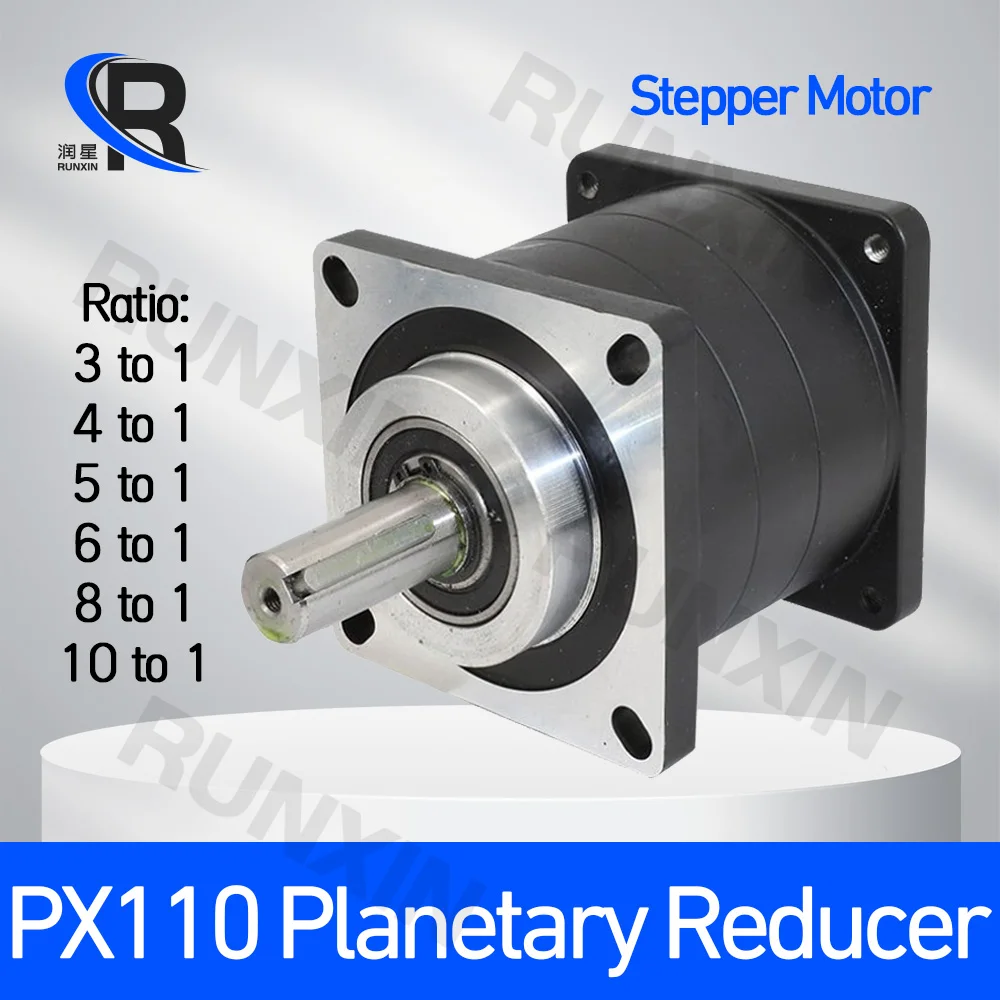 

Планетарный редуктор PX110, коэффициент передачи 3/4/5/6/8/10, 19 мм, вход 22 мм, выход для шагового двигателя Nema42 110, макс. Н. М