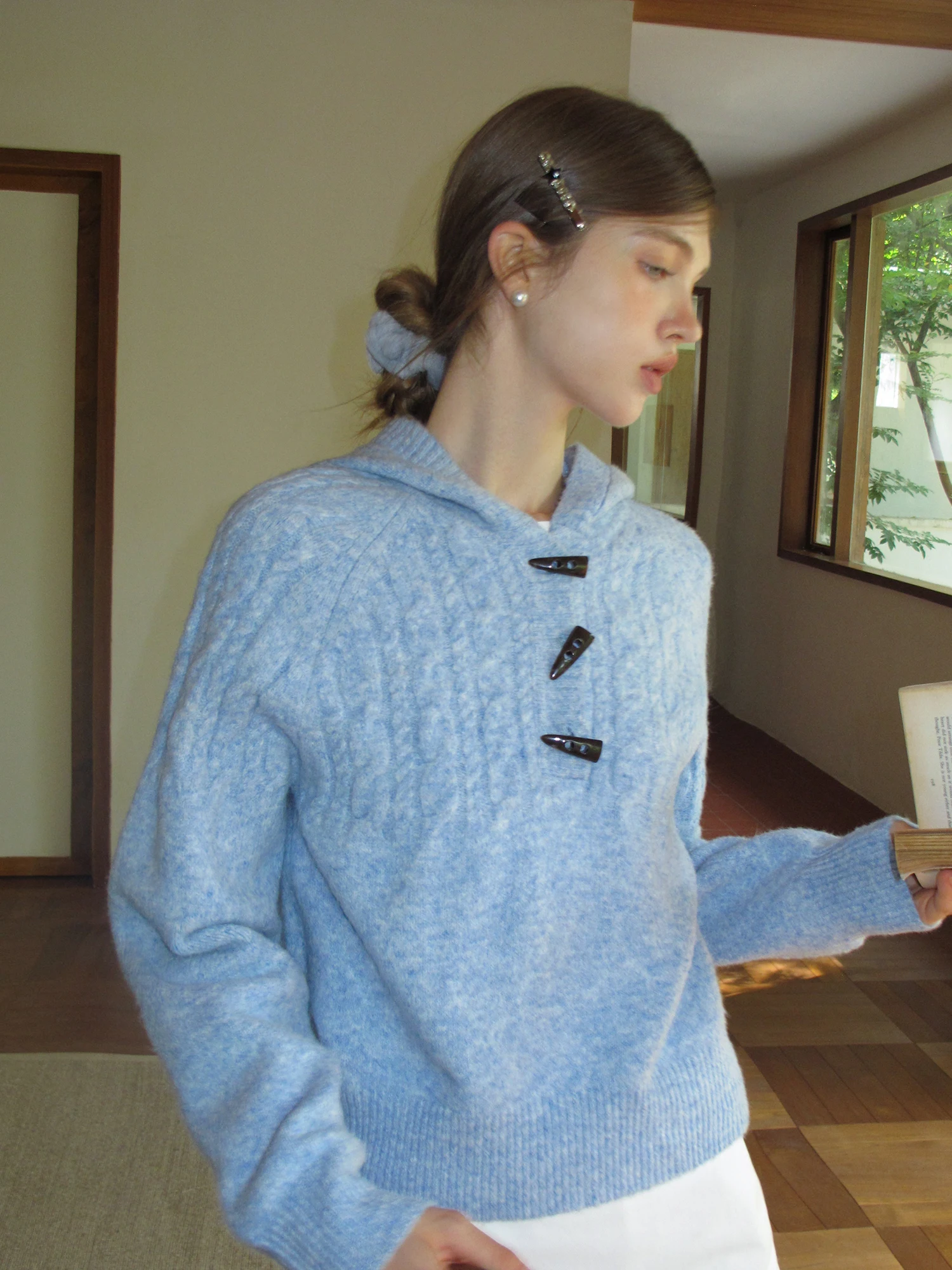 

Loose Women's Knitted Sweater EGGKA Blue with Hood Twist Soft Wool Sle Autumn Winter ort Slimming Top Casual Wear