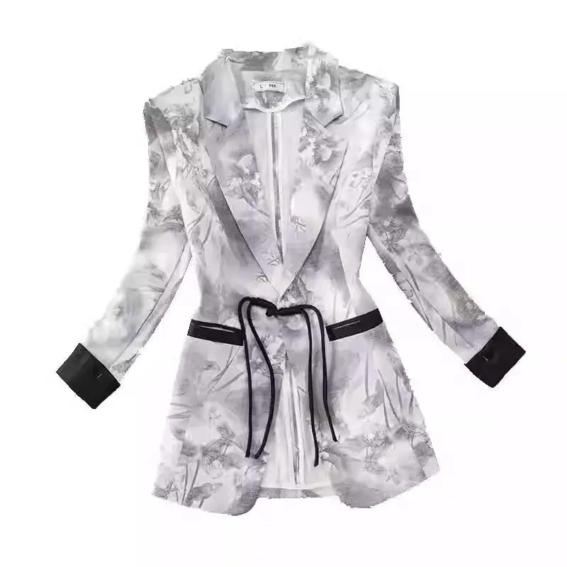 2024 Summer Blazer Thin Chinese Style Printed Button Up Three Quarter Sleeve Suit Jacket For Women's Outerwear Top k1317