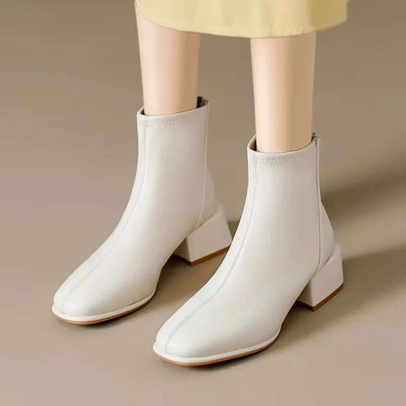 Botas de moda estilo retro para mujer, punta redonda, tacón grueso, con cremallera trasera, botas de tacón alto, nueva colección otoño invierno