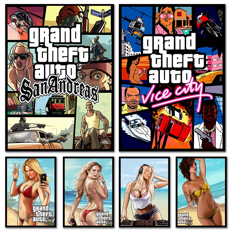 Modern Video Game Grand Theft Auto Poster, Pintura Canvas, GTA 5 Wall Picture, Print for Gamer, Sala de estar, Home Decor, Frameless