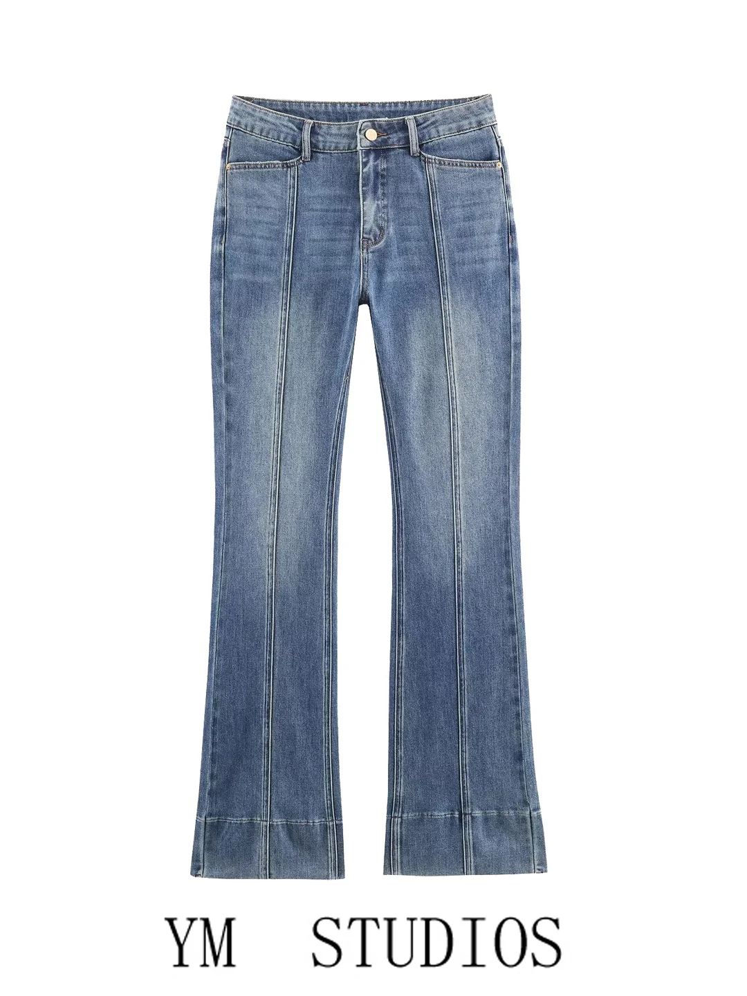 

American Style mid Waist Patchwork Micro Flare Denim Jeans Women's Four Seasons High Waist Leg Lengthening Pants