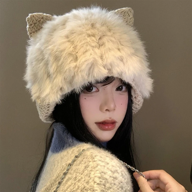 Plush Knitted Patchwork Hat for Winter Warm Cats Ear Hat Roleplay Party Costume Hat Adult Trapper Hat for Cold Dropshipping