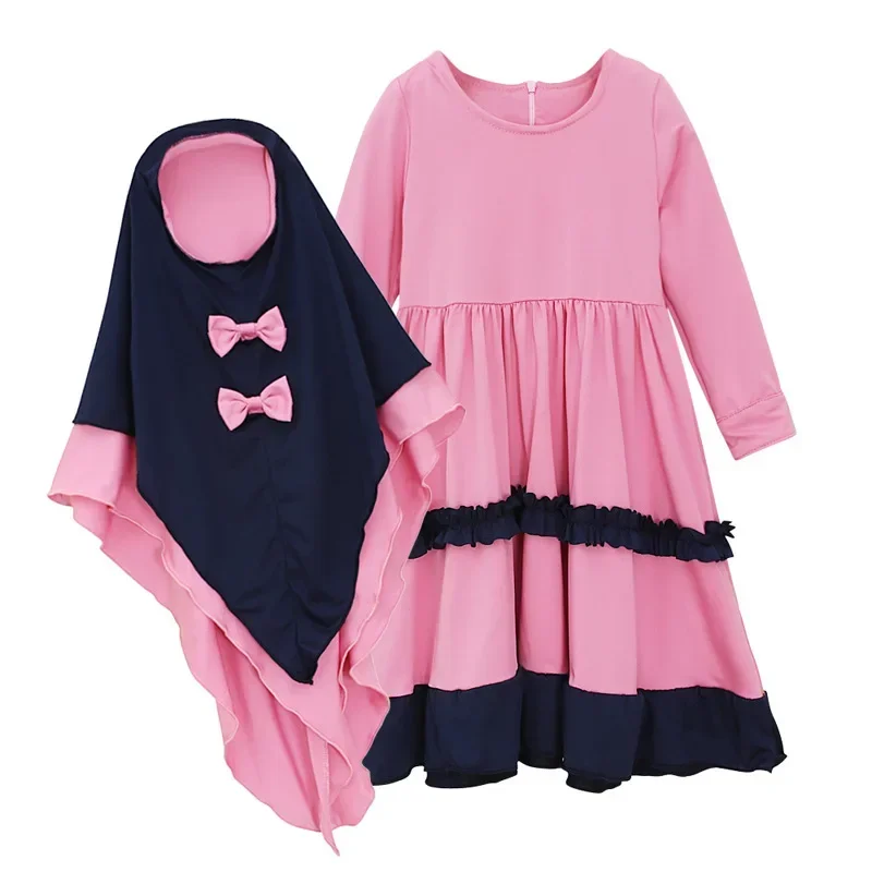 

2024 Muslim 2 Pieces Set Girls Princess Dress Kids Abaya Hijab Islamic Children Prayer Gown Kaftan Ramadan arabic dress