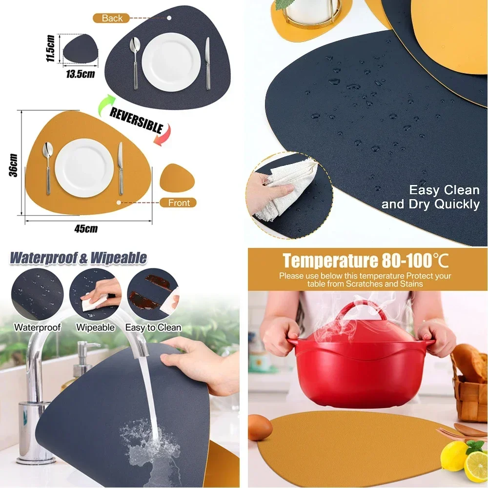 4/8pc Set Placemats with Coaster PU Leather Nordic Style Tableware Pad Coffee Table Non-Slip Waterproof Washable Kitchen Mats