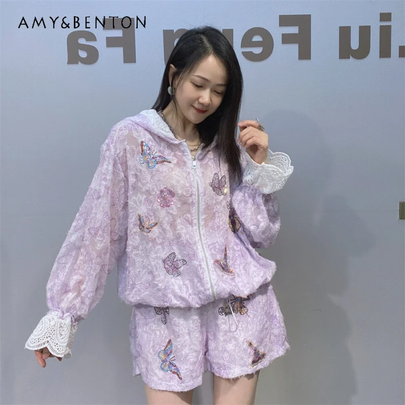 

Women's American Style Summer Hooded Top Set Heavy Rhinestone Thin Jacquard Long Sleeves Shirt And Shorts Casual 2-Piece Outfit