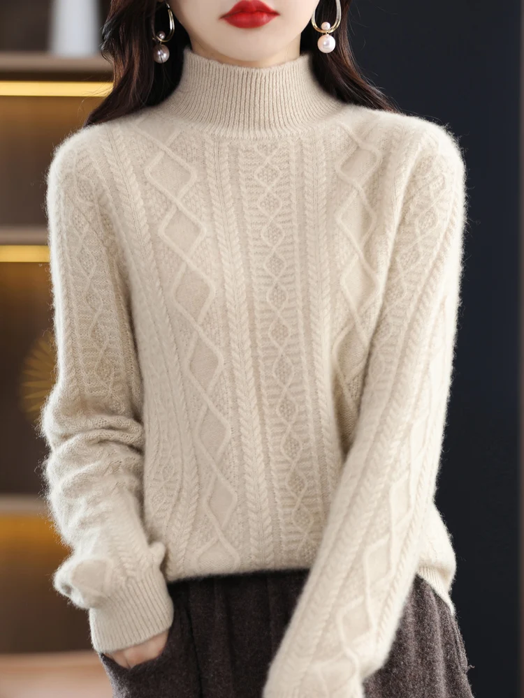 

100% Merino Wool Knitwear Women's Turtleneck Pullover Autumn Winter Thick Soft Warm Sweater Solid Color Cable Stitch Retro tops