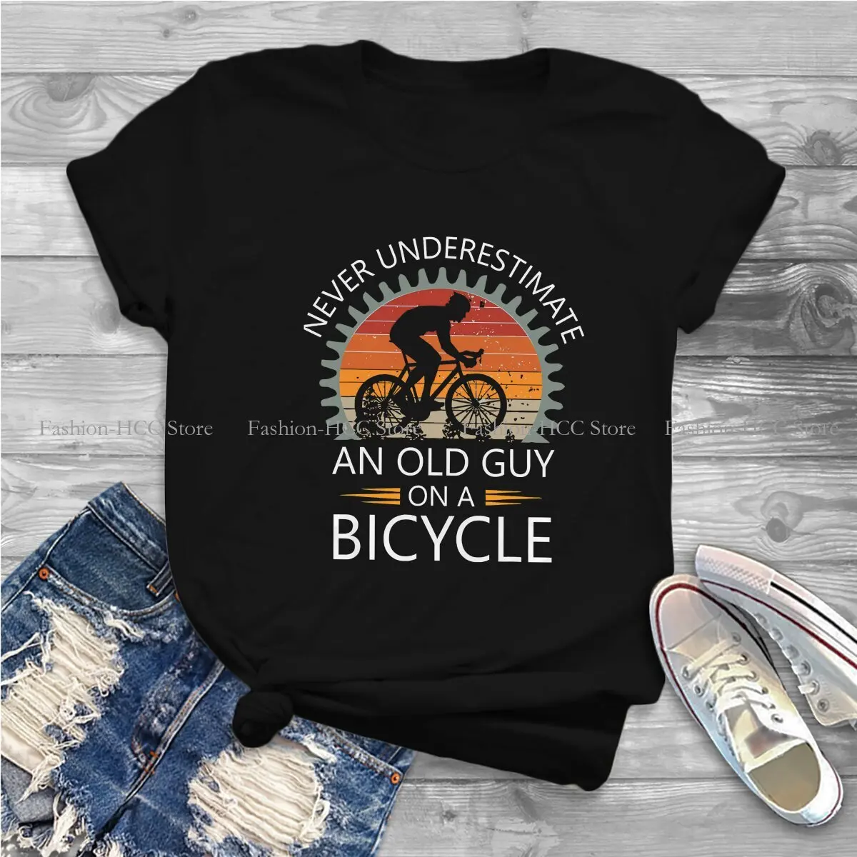 An Old Guy On A Bicycle Cycling Vintage Polyester TShirt Never Underestimate Inspirational Creative Tops Leisure T Shirt