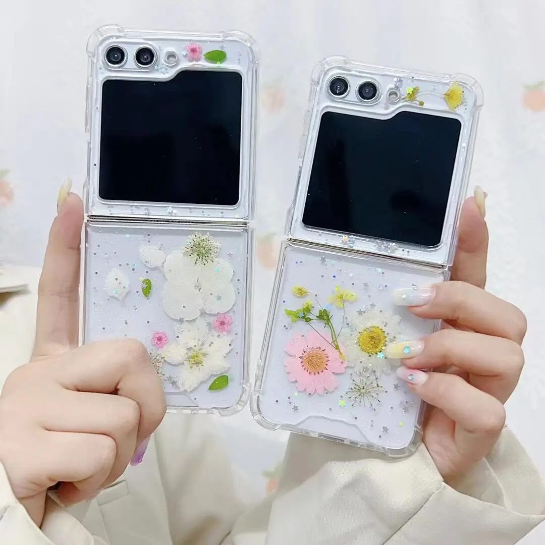 Z Flip 5 Case Glitter Daisy Real Flower Case For Samsung Galaxy Z Flip 4 5G Zflip 3 Luxury Dried Flowers Shockproof Clear Cover