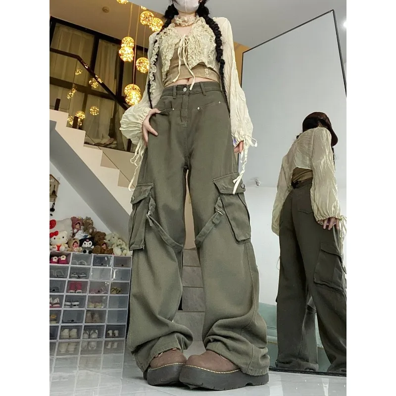 Deeptown Vintage Y2k Oversize Cargo Jeans Woman Streetwear Casual Baggy Denim Pants Harajuku Acubi Fashion Wide Leg Trousers